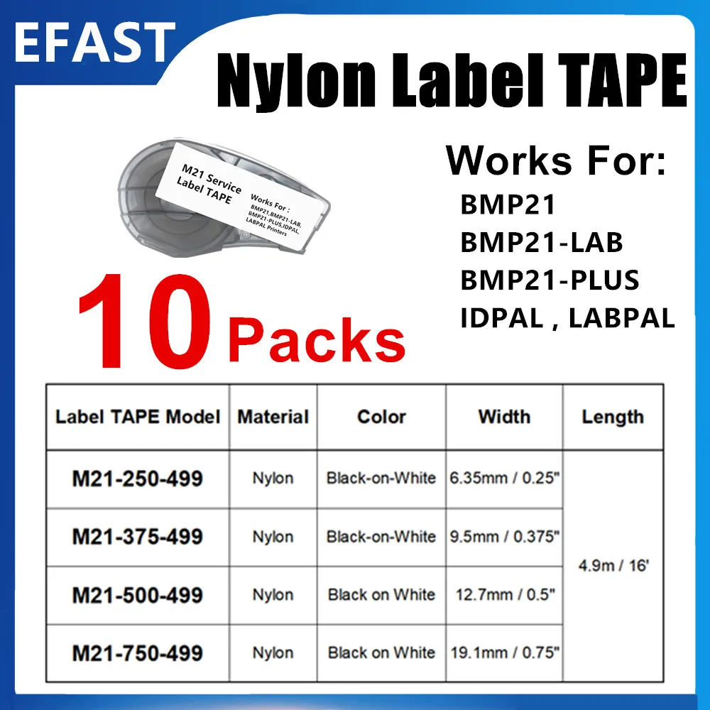 10PK Compatible Black on White Tape Nylon Label Tape M21-375-499 M21-500-499 M21-750-499 Wire Marking Sleeves for BMP21 Plus Lab