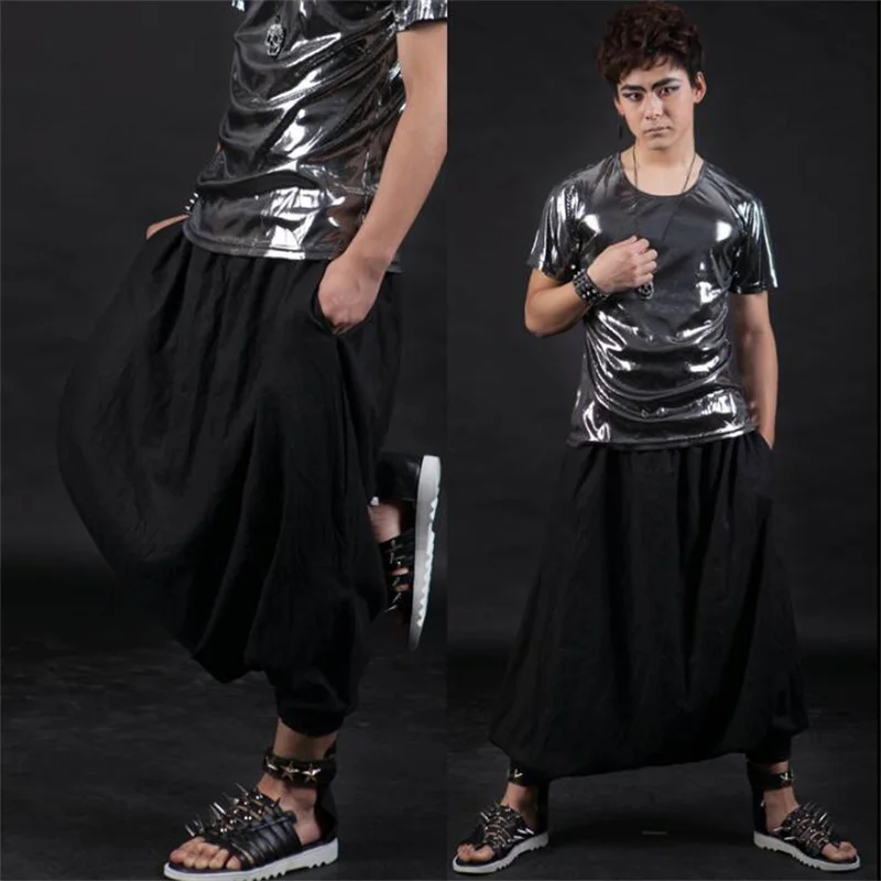 Stage personality men skirt pants black harem pants men feet trousers singer dance rock fashion pantalon homme culottes