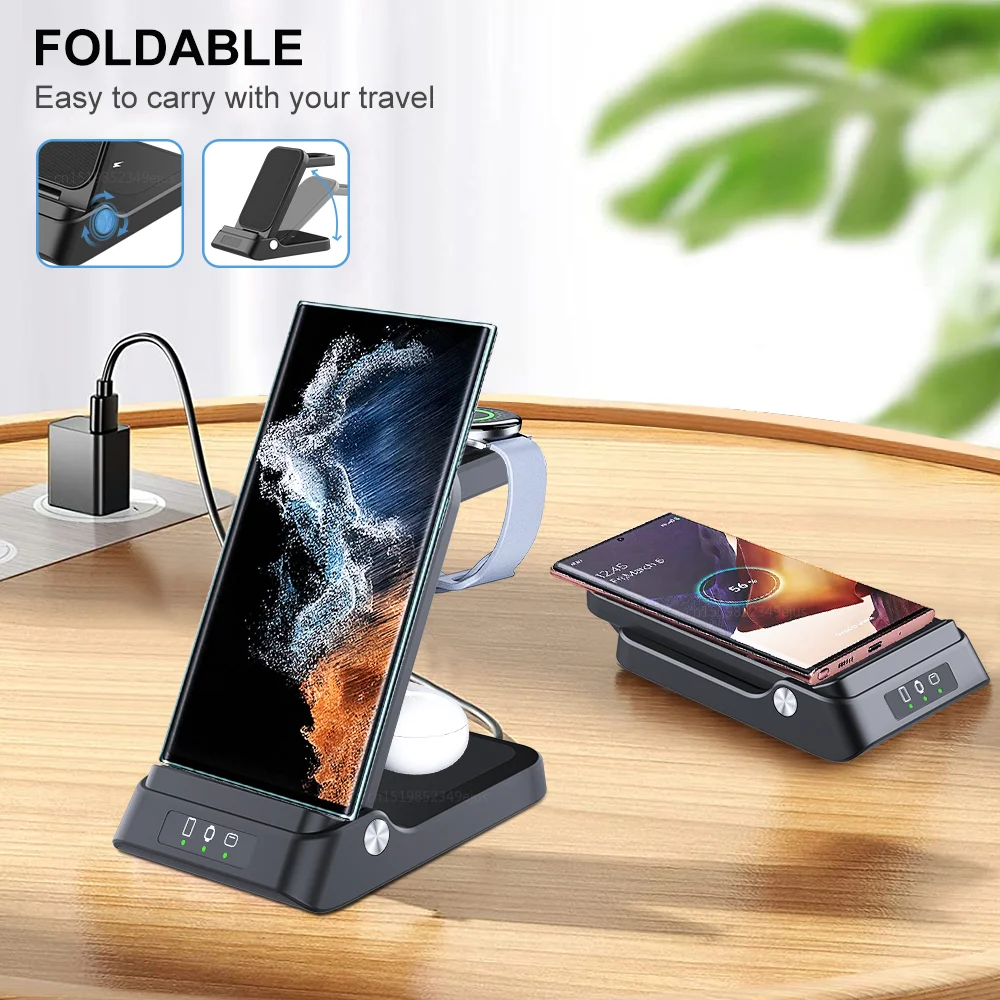 Wireless Charger 3 in 1 For Galaxy Watch 5/5 Pro/4 Fast Charging Station For Samsung Galaxy S23 S22 S21 Foldable Charger Stand