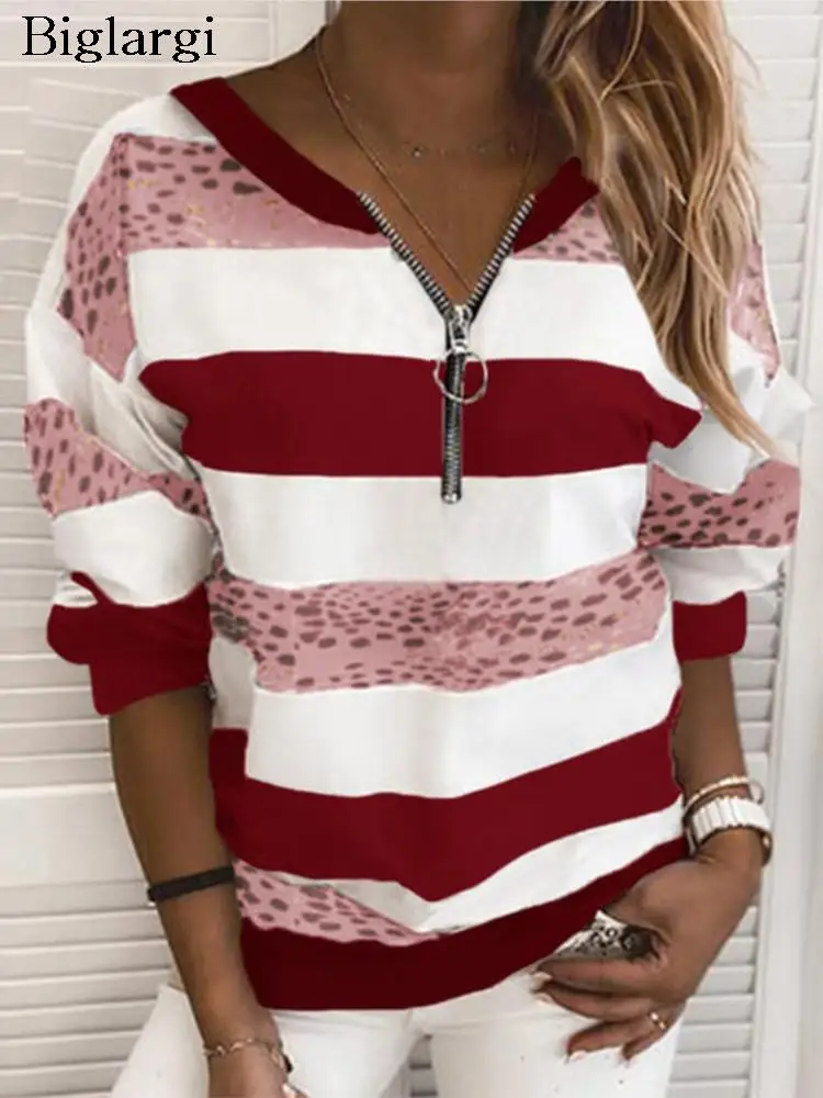 

Autumn Sweatshirt Tops Women Striped Polka Dot Print Long Sleeve Casual Ladies Sweatshirts Loose Fashion Woman Tops 2023