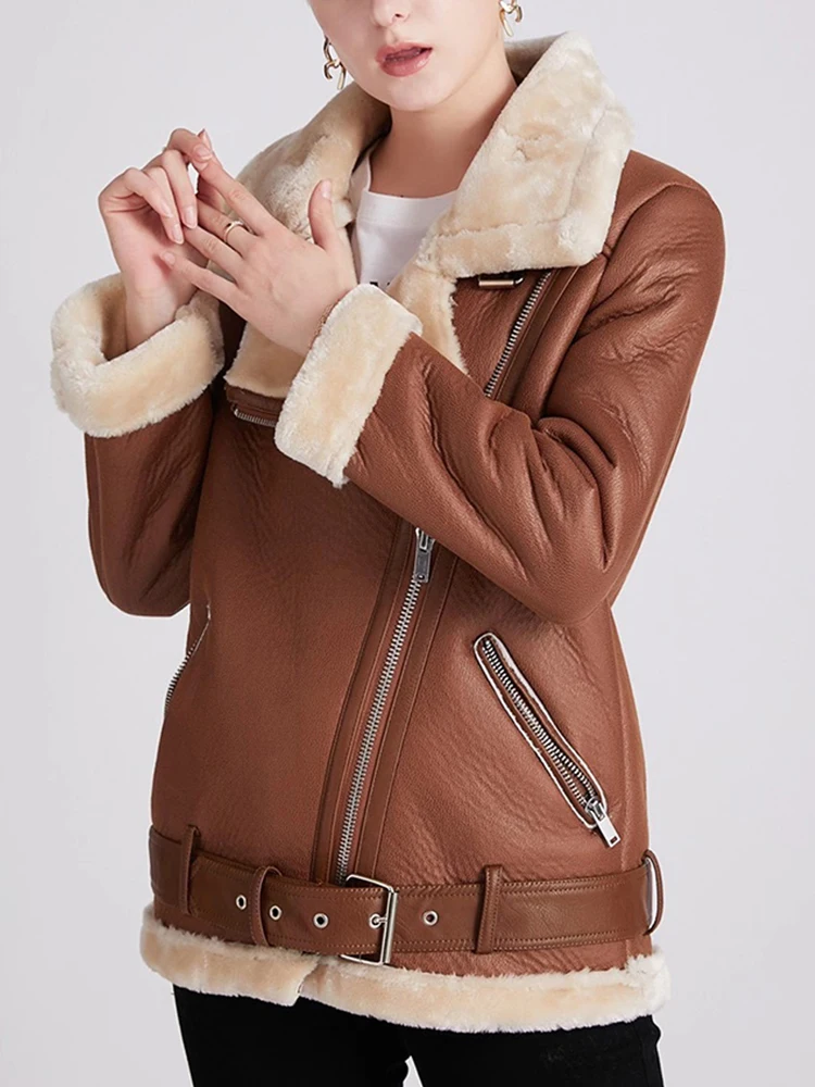 2023 Winter Coats Women Thick Faux Leather Fur Sheepskin Coat Female Fur Leather Jacket Aviator Jacket Casaco Feminino Leather