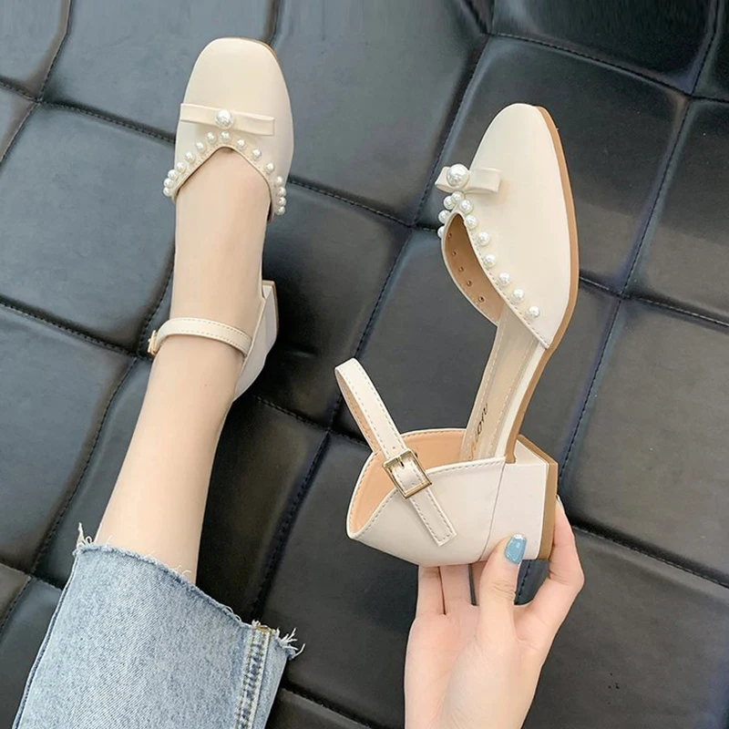 

Beige Heeled Sandals Female Shoe Med Buckle Strap 2022 Women's Black Girls Block Medium New Closed Summer Comfort High Pearl Cle