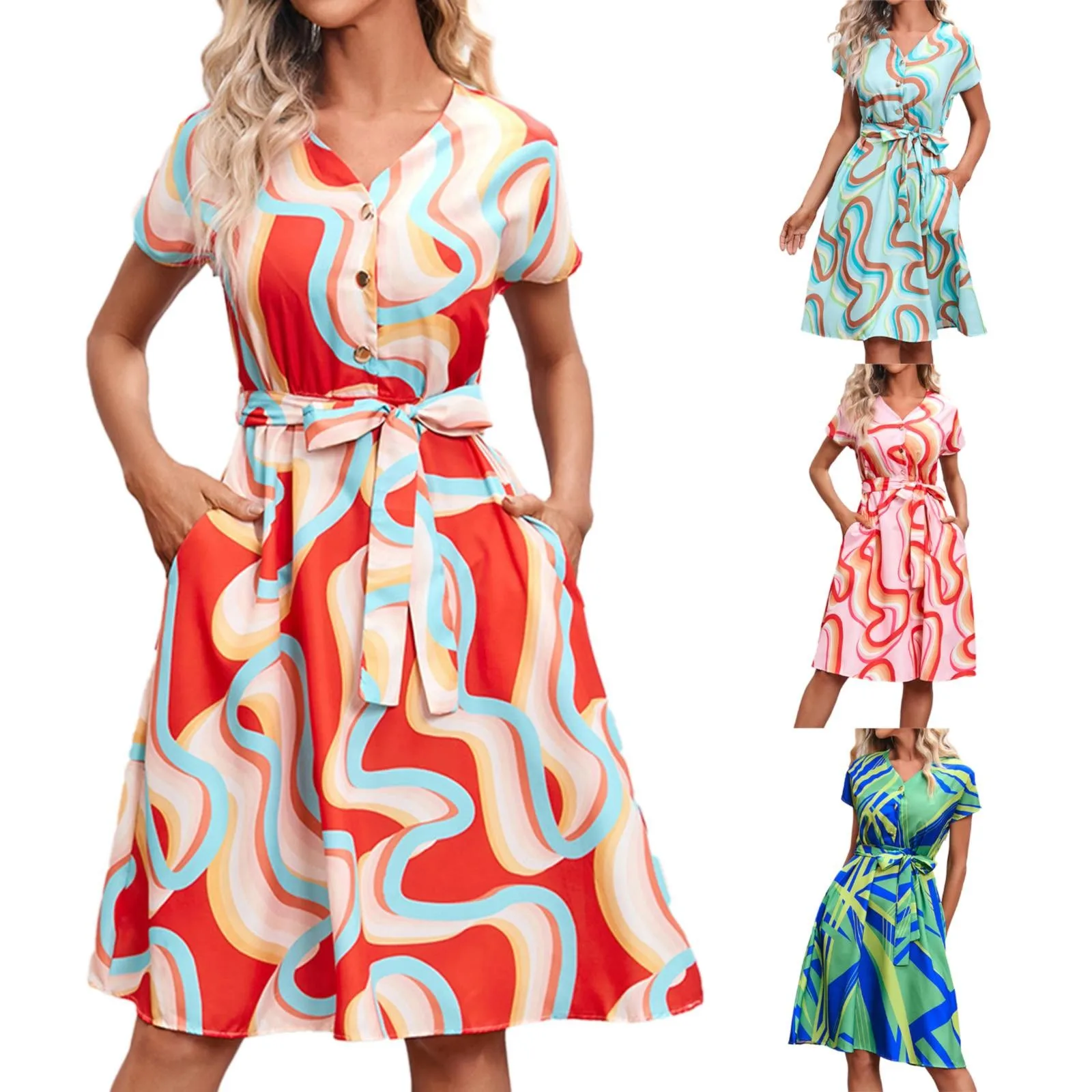 

Платья нейтральные для женщин, короткие летние элегантные повседневные платья с коротким рукавом и принтом для женщин, летние платья для девочек-подростков