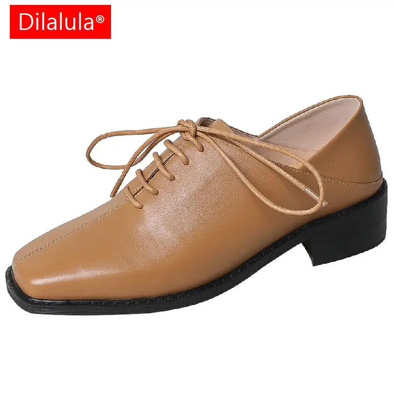 

Dilalula Mature Women Pumps Spring Autumn Square Toe Thick Heels Genuine Leather Lace-Up Office Dress Casual Loafers Shoes Woman