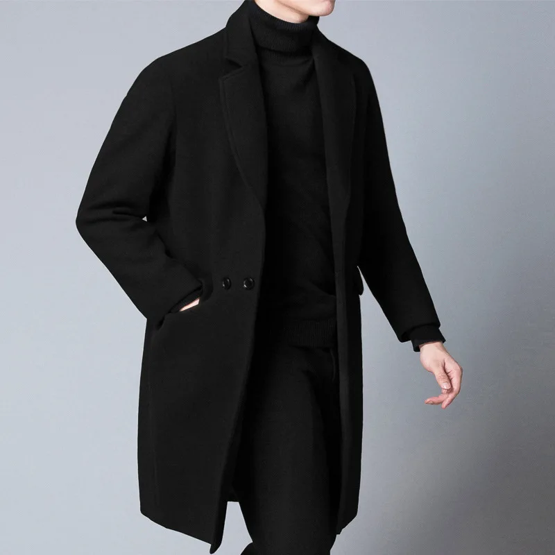 Wool Blend Pure Color Casual Business Fashion Slim Windbreaker Jacket Men Clothing Men Long Cotton Coat 2023 Autumn Winter New