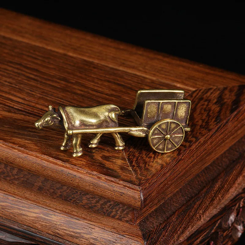 

Retro Ornament Bull Pull Vehicle Figurines Pure Copper Chinese Folk Feng Shui Crafts Home Decoration Accessories Bring Good Luck