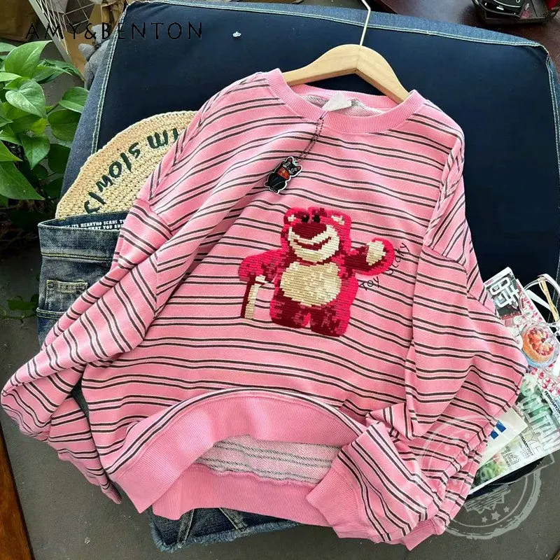 

Autumn and Winter Rose Red Sweatshirt for Women Classic Cartoon Long Sleeve Round Neck Terry Youthful-Looking Loose Pullover Top