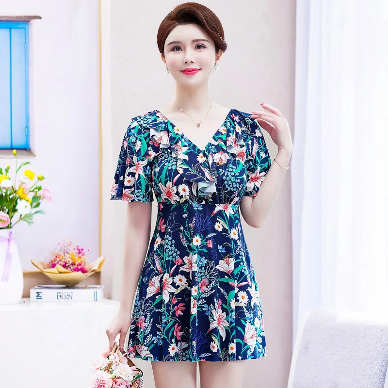 One-piece Swimsuit Ladies Mother Wear Hot Spring Skirt-style Belly-covering Plus Fat Middle-aged and Elderly Swimsuit Women