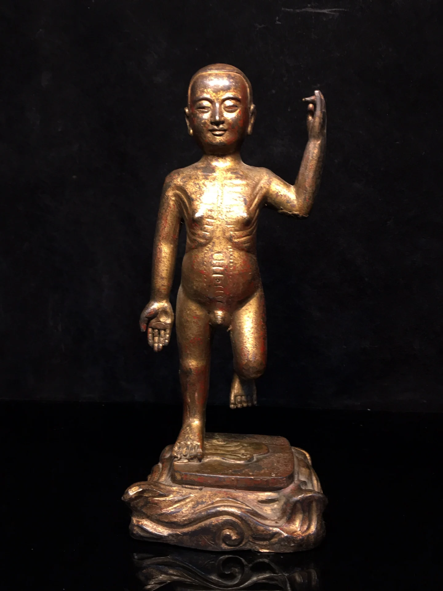 

11"Tibet Temple Collection Old Bronze Gilding Cinnabar Prince Buddha Baobao Buddha Finger sky Lotus Stage Worship Hall