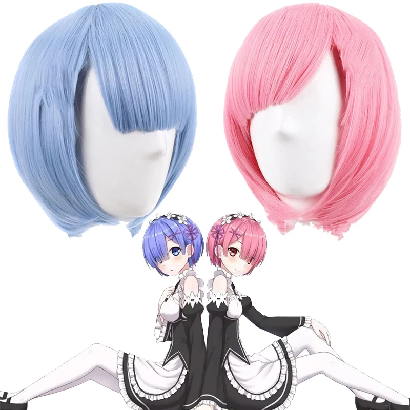 

Re:Zero Starting Life In Another World Rem Ram Cosplay Anime Pink Blue Gradient Wig Synthetic Hair Halloween Party Wigs +Wig Cap