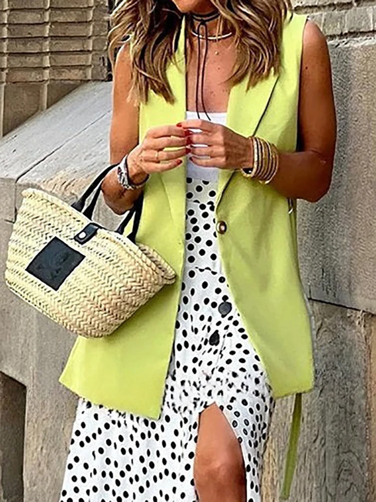 

Women Turn-Down Collar Loungewear Coats Solid Single Button Elegant Cardigan Vest All Season Sleeveless Streetwear Dropshipping