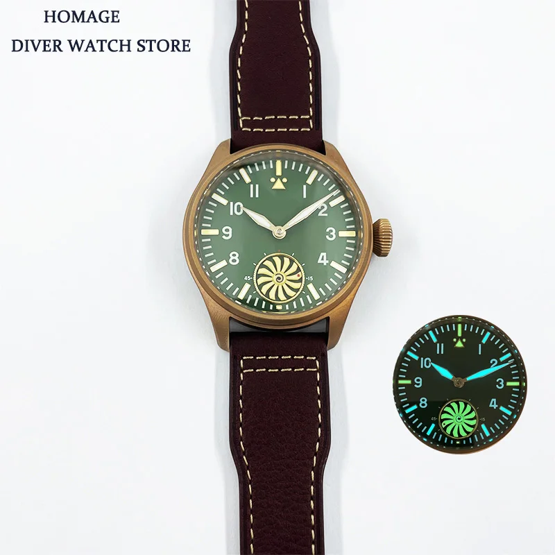 

Thorn Men's Retro Bronze Pilot Watch 43mm Green Dial Sapphire Crystal ST3621 Hand Winding Mechanical Movement Leather Strap Lume
