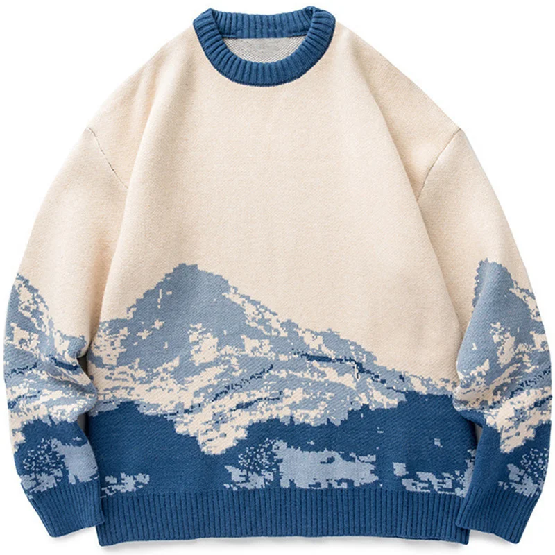 

Men ip op Streetwear arajuku Sweater Vintae Japanese Style Snow Mountain Knitted Sweater Winter Casual Pullover Knitwear