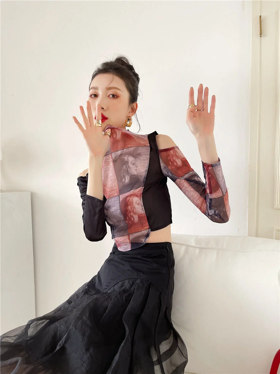 

Stitched Printed Gauze Mesh Off Shoulder Short Thin T Shirt Summer Women Crop Top