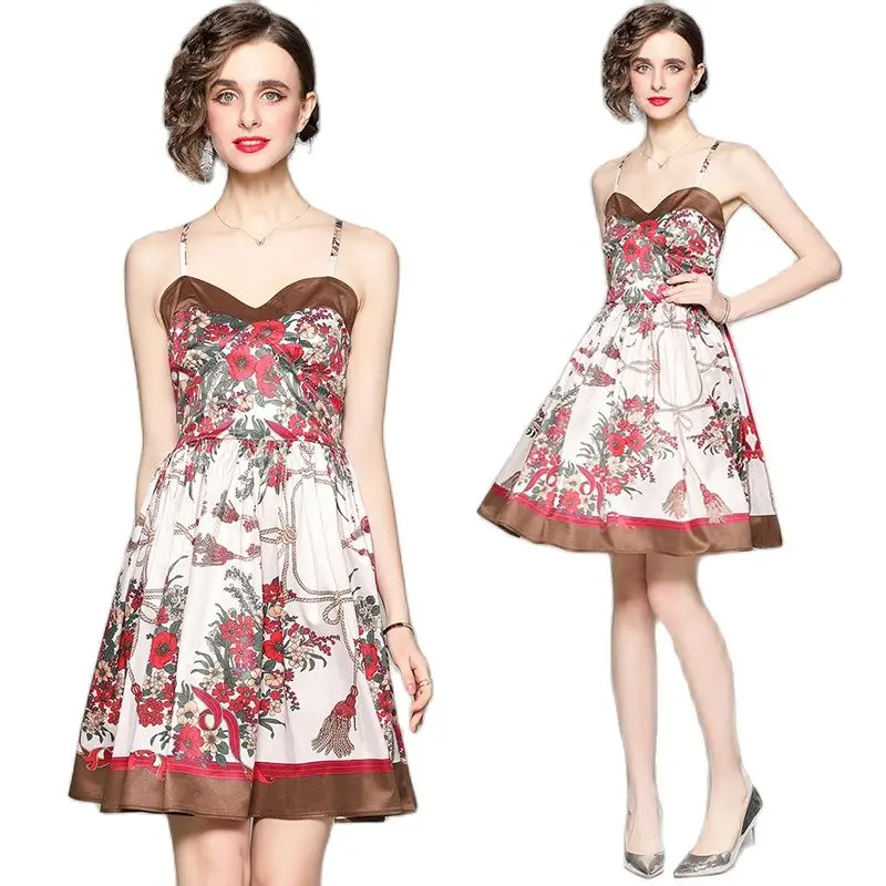 

Summer Floral Print Mini Dress Sleeveless 2023 Women Designer Vacation Sexy Fashion Slim Suspender Strap Party Dresses Ballgown