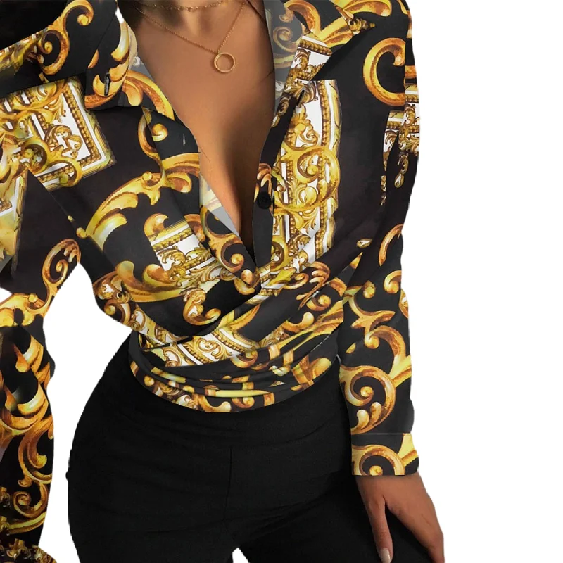 

Рубашка женская с драпированным принтом, на пуговицах, с длинным рукавом