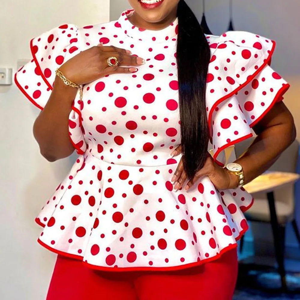

Polka Dots Print Women Blouse Ruffle Sleeve Plus Size Slim Tunic African Fashion Summer Tops High Street Office Lady Falbala Red