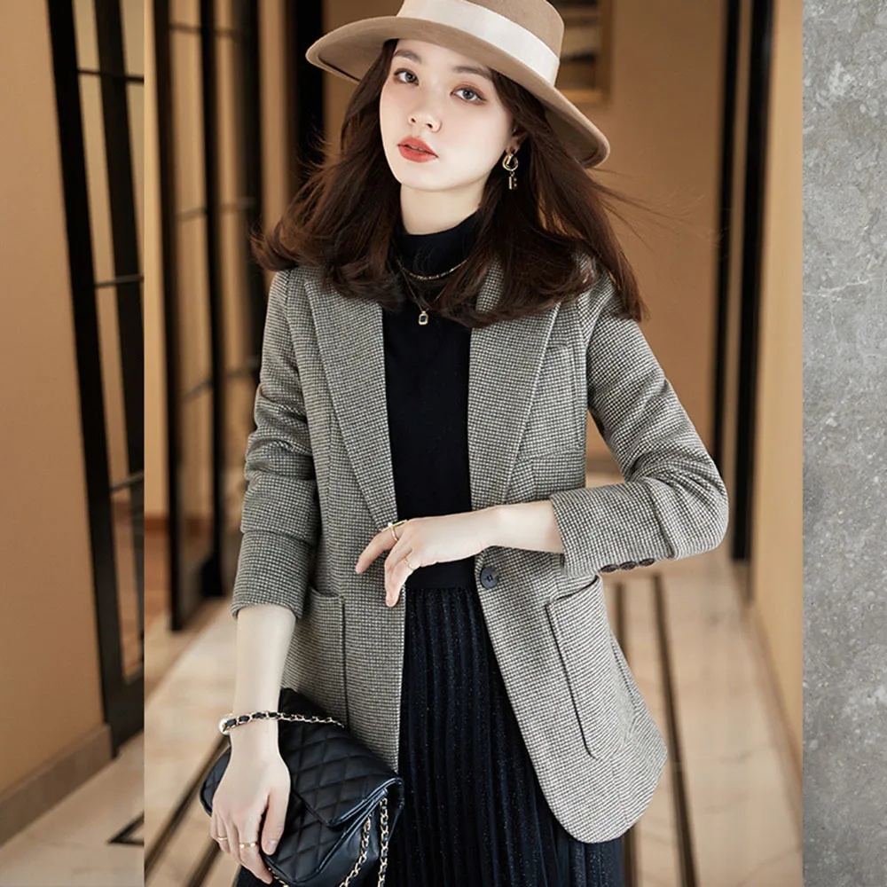 

Plaid Suit Jacket Womens Spring Autumn Long Sleeve New Casual Blazers Office Lady A Buckle With Pocket Profession Jackets Coats