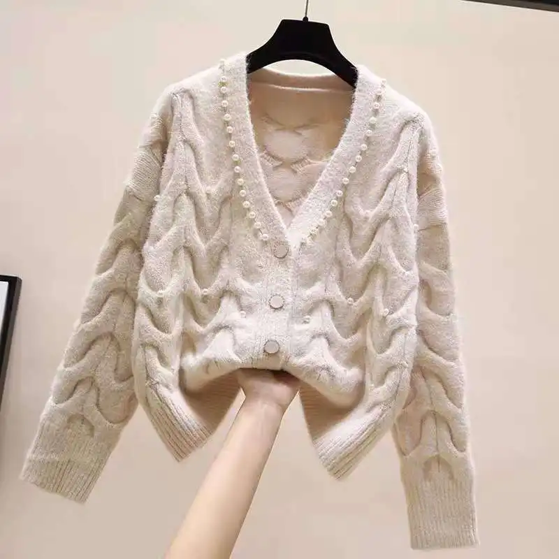 

Женский однобортный вязаный кардиган, свободный свитер-пальто с V-образным вырезом и бусинами, весна-осень 2023