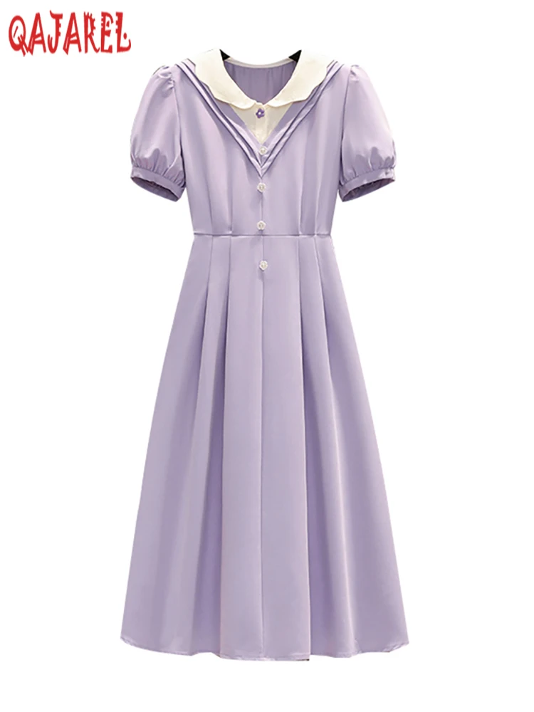

Женское фиолетовое платье миди с коротким рукавом и кукольным воротником в стиле пэчворк, летнее Элегантное повседневное платье с имитацией двух частей, корейское облегающее платье 2023