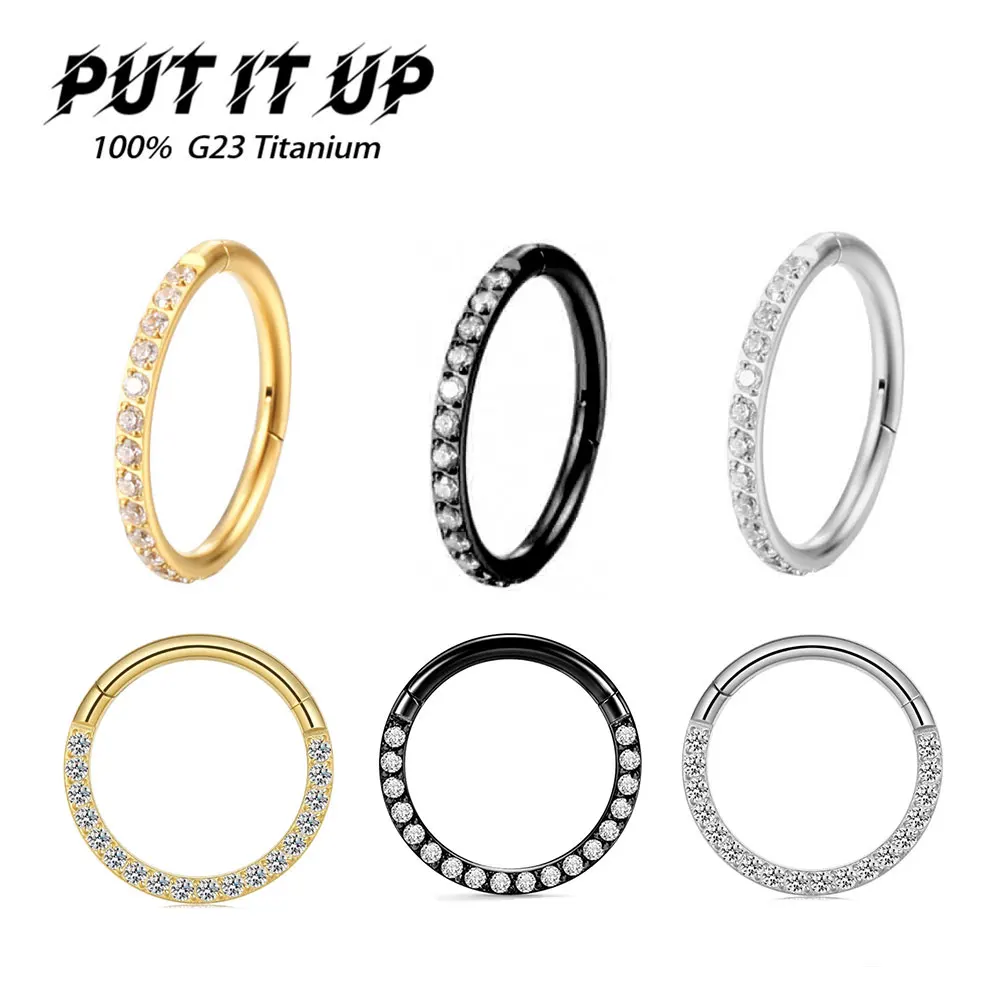 G23 Титановое кольцо на нос с кристаллом CZ, 16G и 18G, с шарниром, для сегментного пирсинга септума, ушной раковины, хеликса, даит, губ и трагуса.