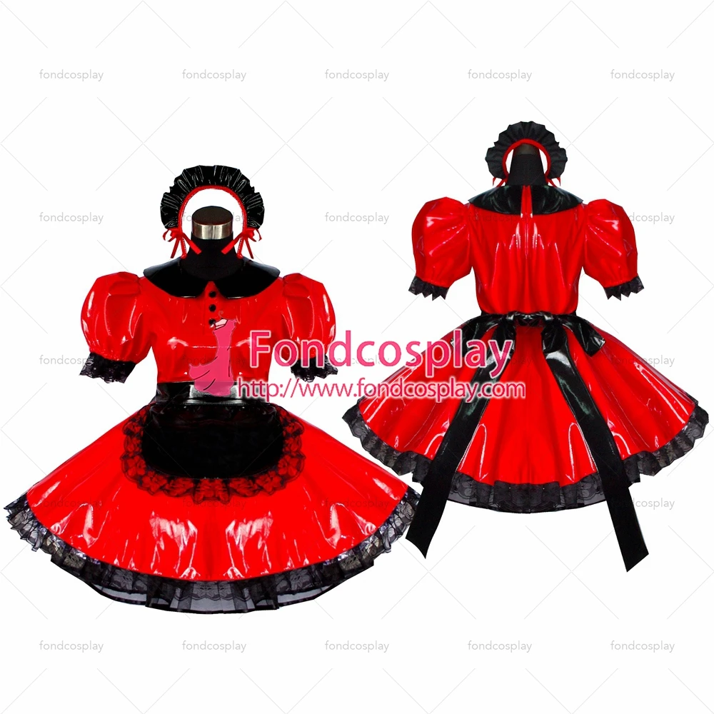 

adult sexy cross dressing sissy maid short Red heavy Pvc Dress Lockable Uniform black apron Tailor-made[G400]