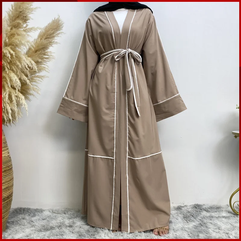 

Middle East Casual Solid Color Contrast Striped Cardigan Windproof Dress Arabic Large Loose Collage/Splice Coat