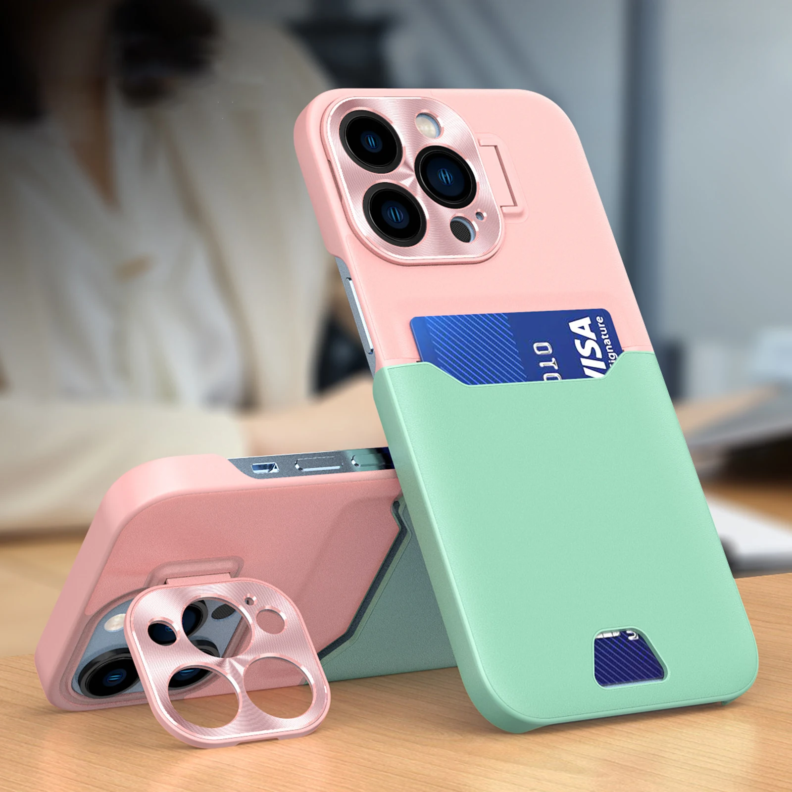 

Luxury Case for iPhone 14 Pro Max with Lens Kickstand Stand Phone Cover with Card Slot Holder Pu Case for iPhone 14 Plus Women