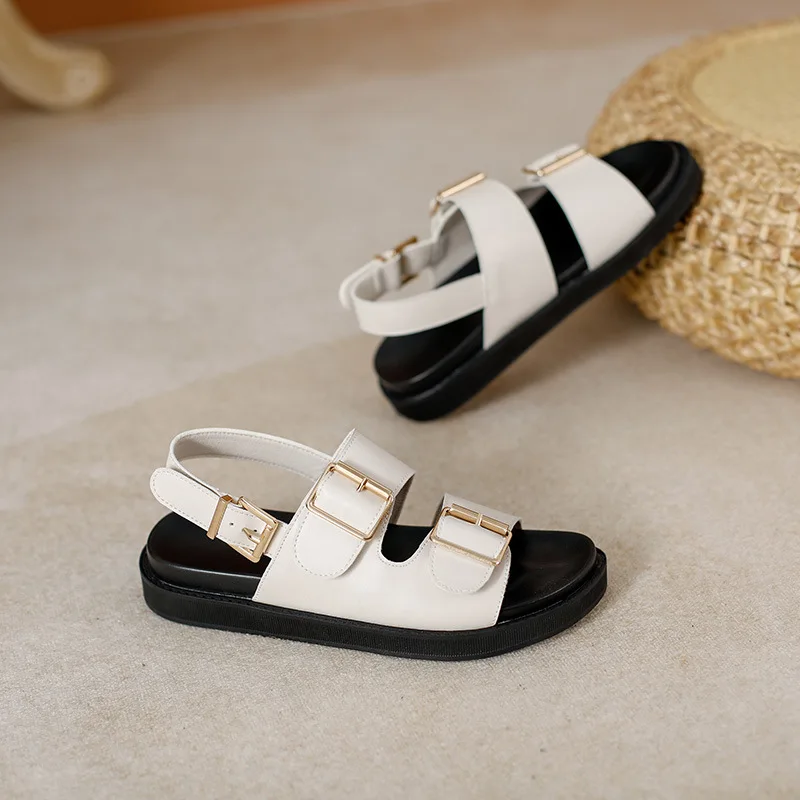 Women Sandals Natural Skin Summer New Genuine Leather Beach Sandals Girls Thick Sole Fashion Open Toe Roman Women's Shoes