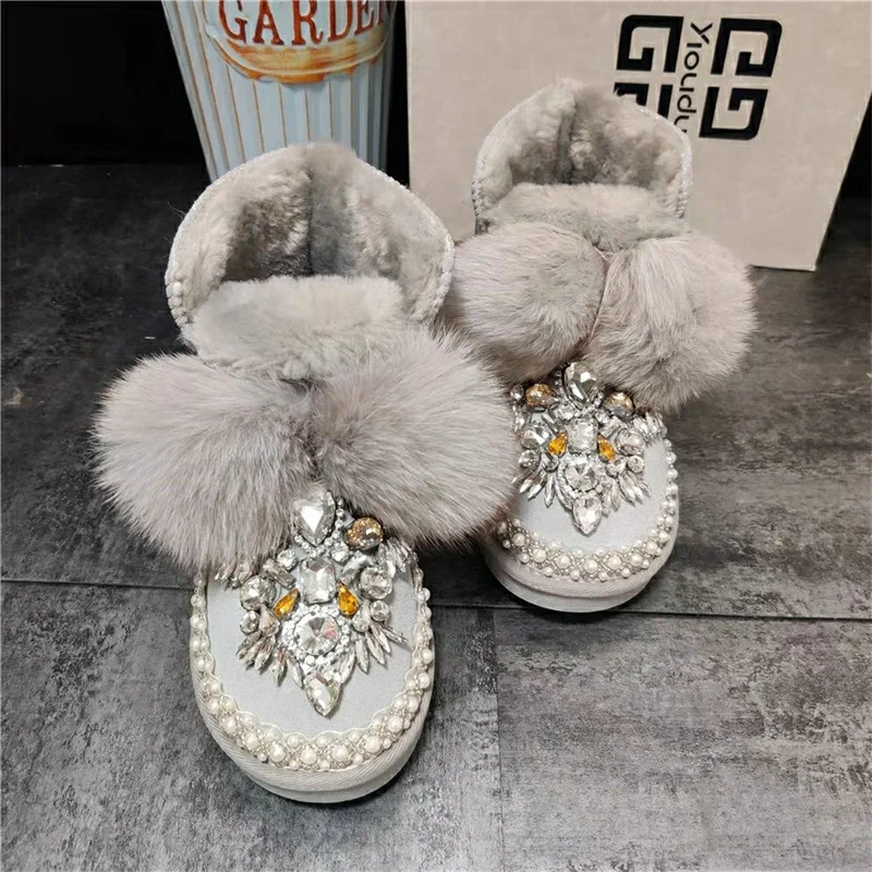 

Fox hair boots Pearl rhine-diamond winter boots with fleece warm boots handmade custom fur all-in-one boots women 35-44