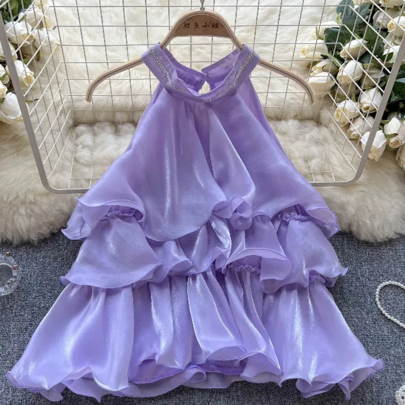 U1309 Sweet Memory Фиолетовый Розовый Белый Оборками Холтер Шифон Майка Сексуальная