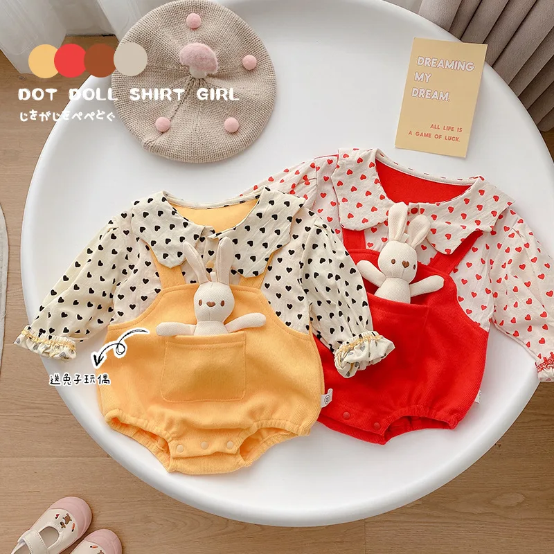 

Детское боди в горошек с куклой-зайчиком, комбинезон с имитацией двух частей для маленьких девочек, платье для новорожденных на один год, Од...