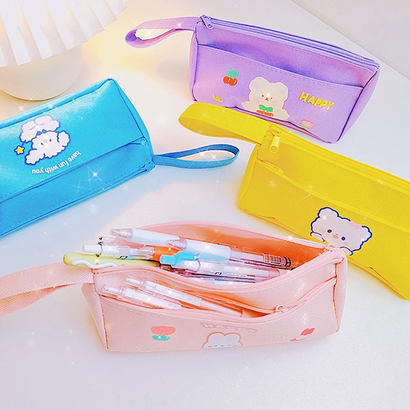 

Candy Color Rabbit Print Canvas Pen Bag Happy Fun Animal Pattern Pen Pouch Students Writing Supplies