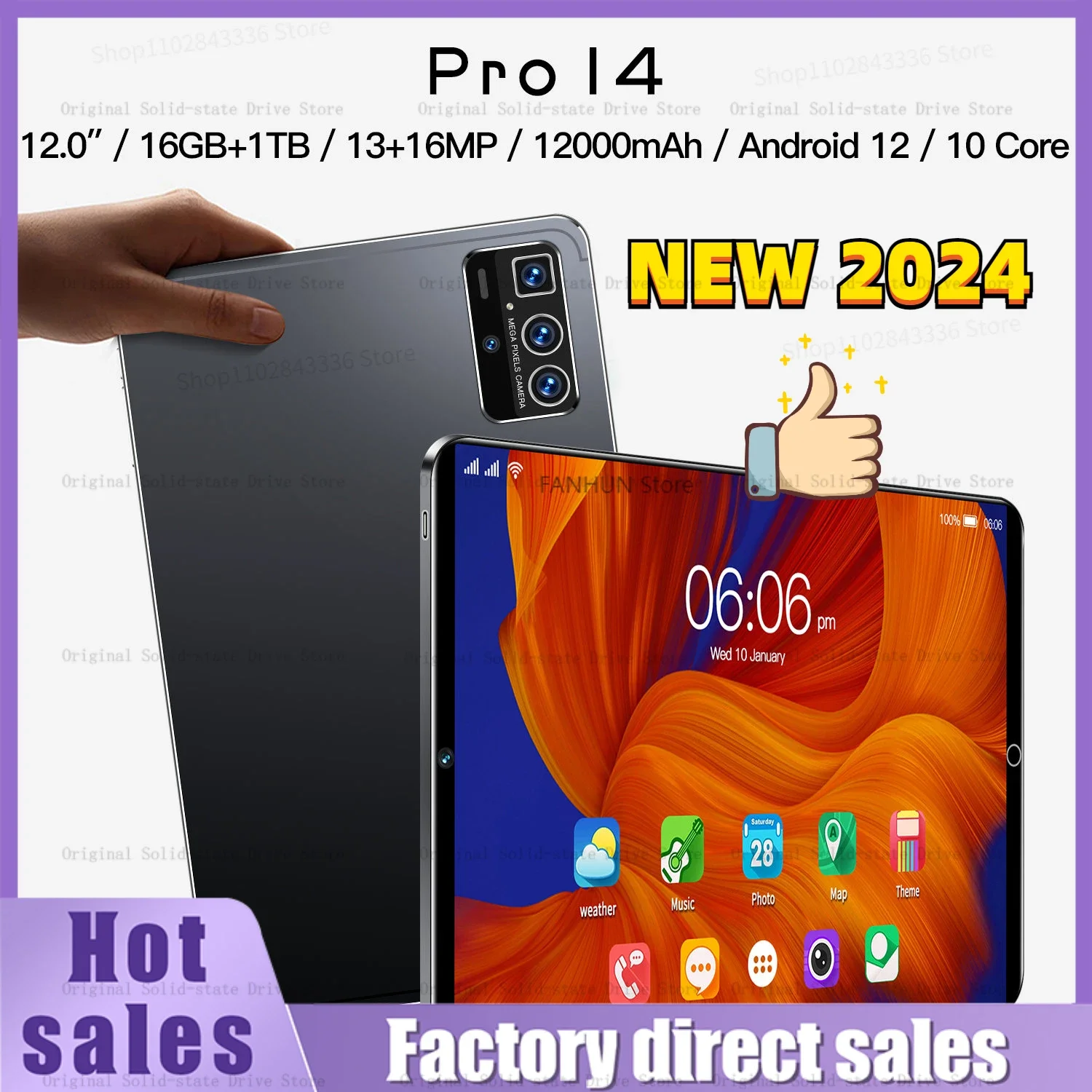 

2023 New Pro14 Original Global Version Tablet Android 12.0 13+16MP 12000m Ah 11.6 Inch Tablets PC 5G Dual SIM Card Or Wifi HD