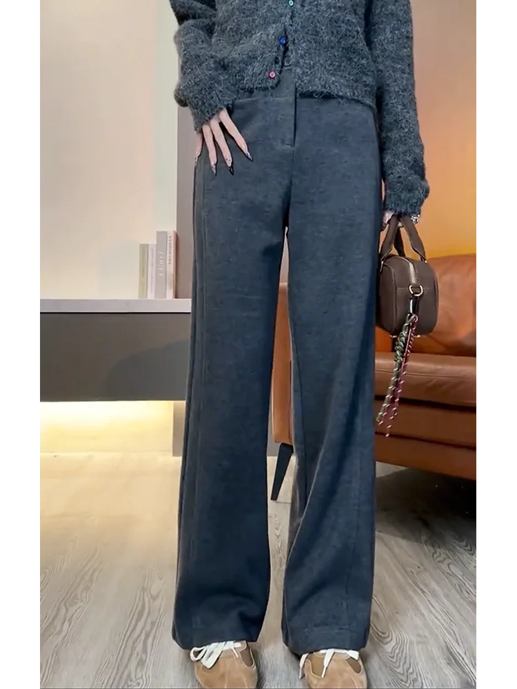 Plus Size Elegant Loose Gray Thick Woolen Straight Pants Women Autumn and Winter New Draping Effect Fashion High Waist All-Ma...