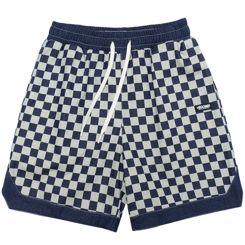 

Mens Casual Elastic Waist Patchwork Denim Shorts 2022 SS Oversize Drawstring Streetwear Plaid Print Shorts Jogger Trousers