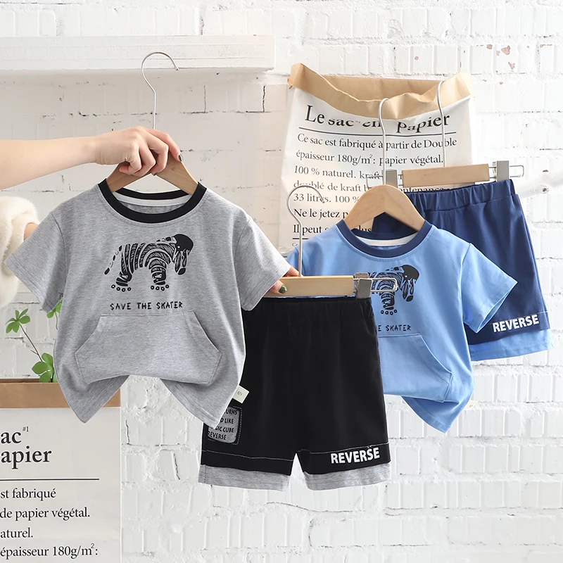 

YT-babyclothes, одежда для маленьких мальчиков, летний костюм с шортами с коротким рукавом, рубашка с принтом, повседневные шорты, костюм из двух предметов