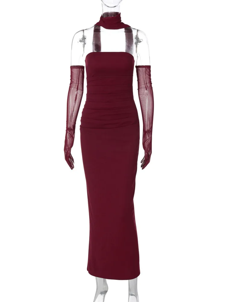 Mozision Strapless Backless Sexy Maxi Dress For Women Burgundy Mesh Sleeve Off-shoulder Bodycon Club Party Evening Long