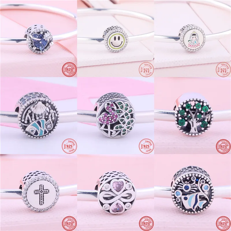 

New Round Smiley Face Guanyin Bodhisattva Tree Fish Shiny Bead Fit Original Pandora Charms Bracelet Women 925 Silver DIY Jewelry