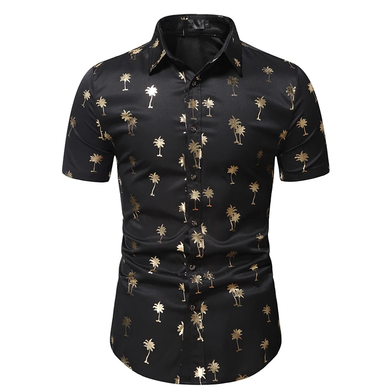 

Mens Casual Short Sleeve Button Down Dress Shirts 2022 Brand Black Bronzing Print Party Shirt Men Nightclub Prom Chemise Homme