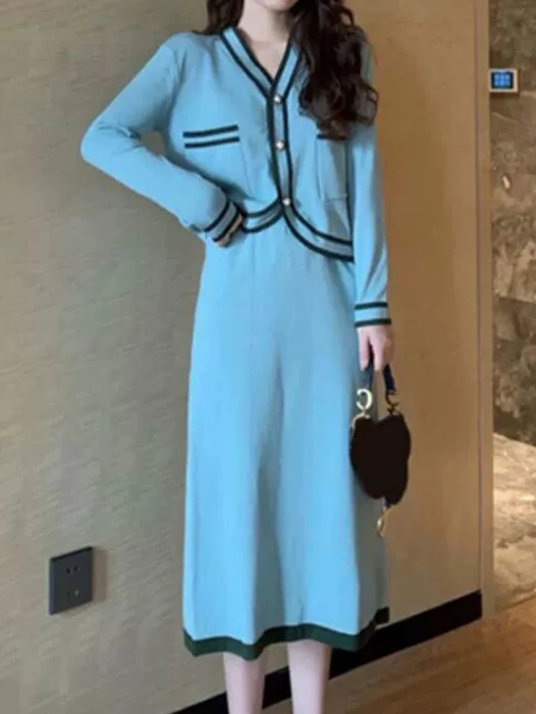 

Темпераментный вязаный костюм 2022, Весенний новый вязаный кардиган с длинными рукавами + юбка с высокой талией, модная женская одежда из двух...