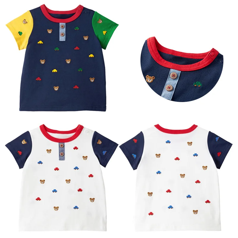 

Boys Children's Clothing 2022 Children's Summer Cartoon Bear Car Full Embroidery Color Matching Short-Sleeved T-Shirt Polo Shirt