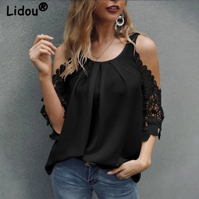 

Off Shoulder Sexy Hollow Out Lace Jacquard Round Neck T-Shirt Solid Color Printing Multicolor Folds Summer Women's Pullover Lady