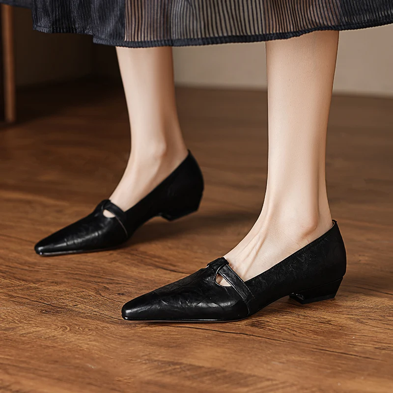 QUTAA 2025 Fashion Women Shoes Square Flats Heels News Spring Black Summer Pointed Buckles Casual Pumps Woman Size 34-39