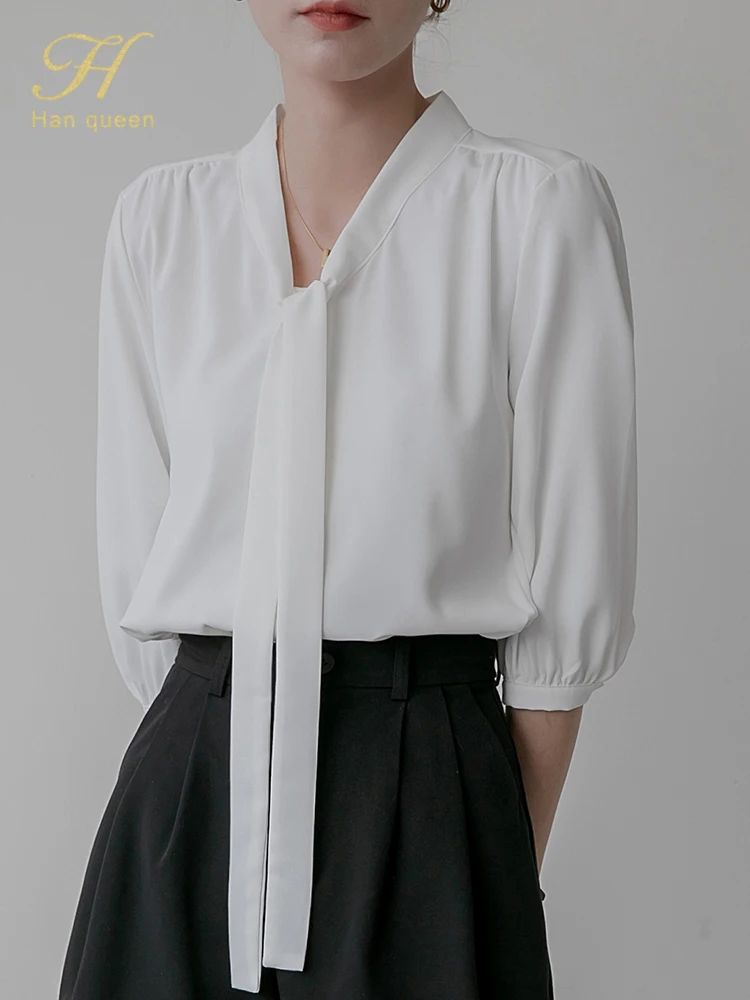 

H Han Queen Korean Lace-Up Women Vintage White Ladies Top Chiffon Blouse Simple Series Casual Blouses Female Work Office Shirts