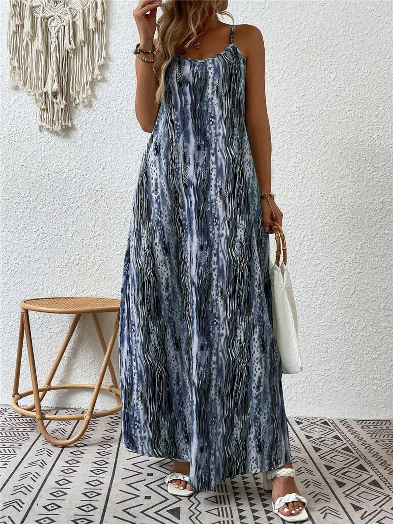 

2023 Women Sexy Strap Fashion Loose Long Dress Summer New Vintage Printed Strap Dress Holiday Bohemia Beach Dress