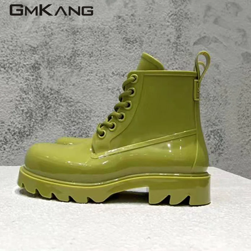Runway Jelly Shoes Women Rubber Waterproof Rain Shoes Woman Round Toe Lace Up Flat Short Boots Lady Candy Color Rain Boots Women