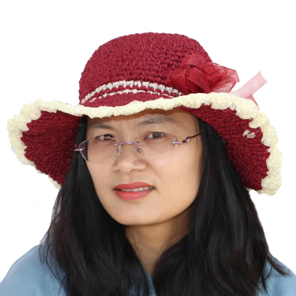 

BomHCS Handmade Ribbon Cap Silk UV Sun Beach Hiking Camping Fishing Red Apricot Crochet Hats