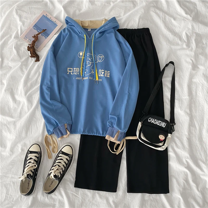 

Autumn Women Set Pants Elastic Waist + Hoodies Sweatshirt Suit Long Sleeve 2 Piece Set Outfits Female Clothing Streetwear