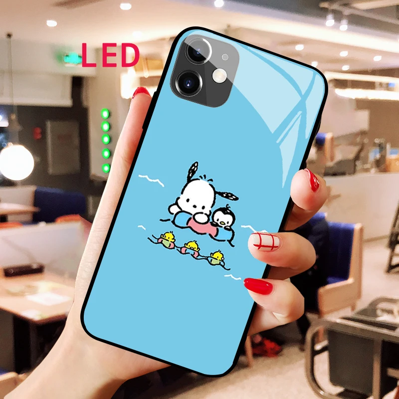 

Pochacco Luminous Tempered Glass phone case For Apple iphone 12 11 Pro Max XS mini Acoustic Control Protect RGB Backlight cover